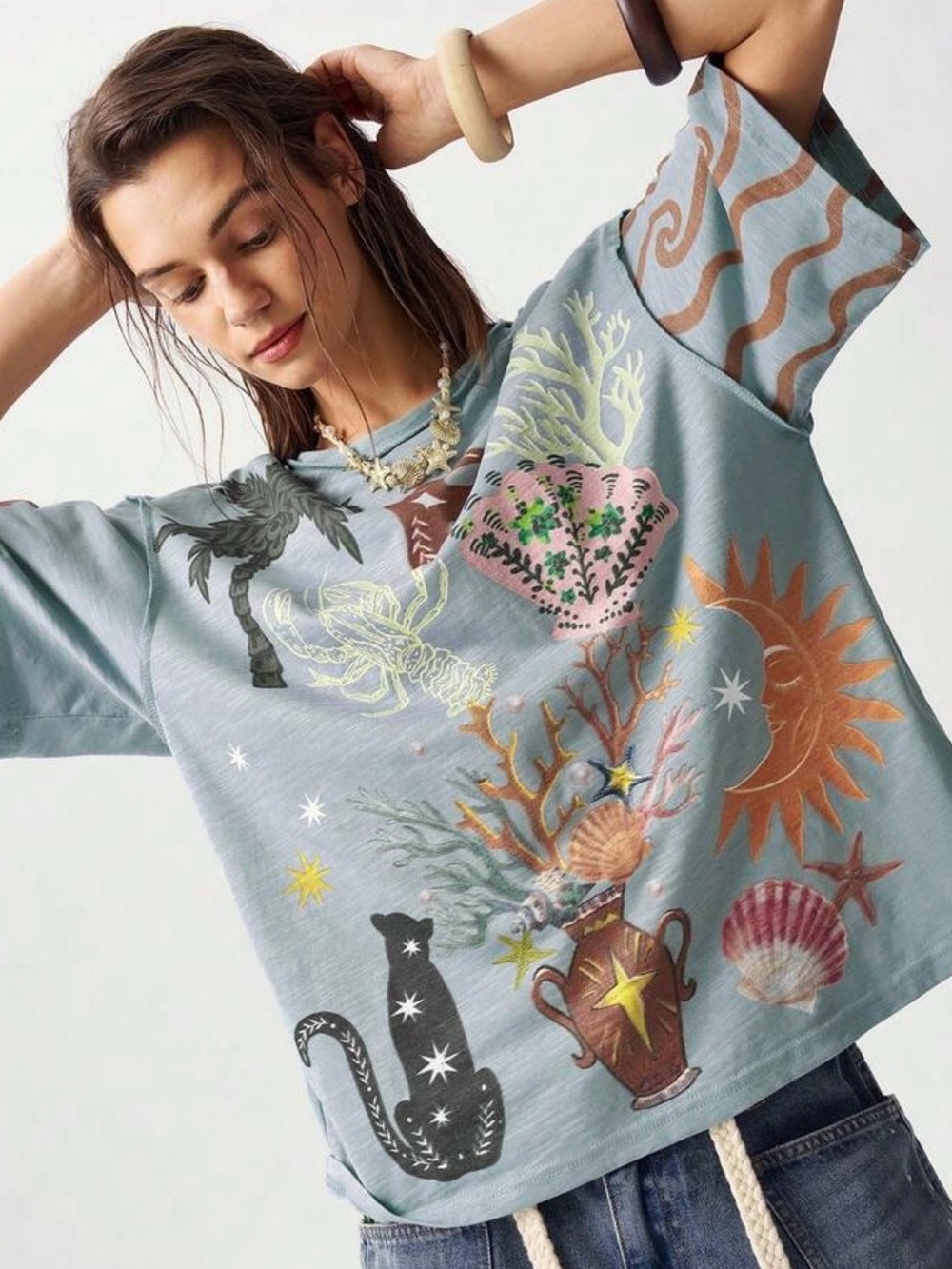 Boho Seaside Graphic Tee bird Palm tree cat- short sleeve t-shirt Blue Green - Picture 5 of 5